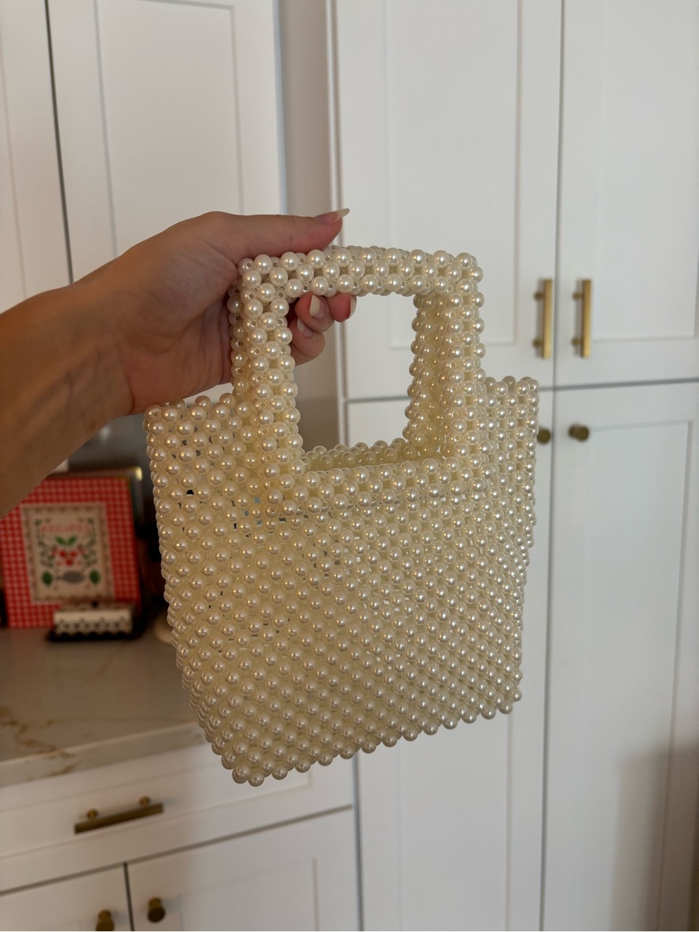 Pearl Beaded Square Top Handle Bag in Ivory